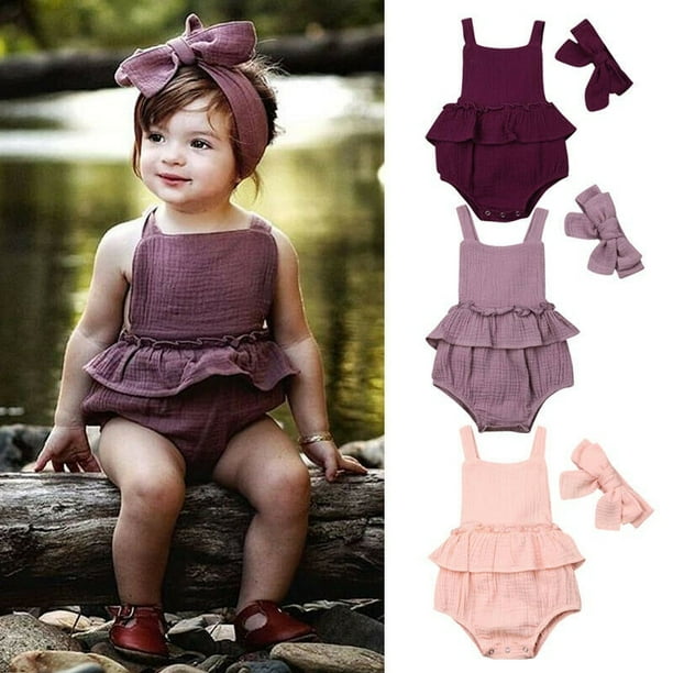 Newborn Baby Girls Clothes Ruffle Bodysuit Romper Jumpsuits Headband Outfits Set